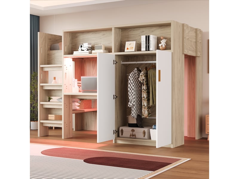  Lit mezzanine 90 × 200 cm en bois avec bureau, armoire, étagères, rangements et led, finition bois  - Conforama C