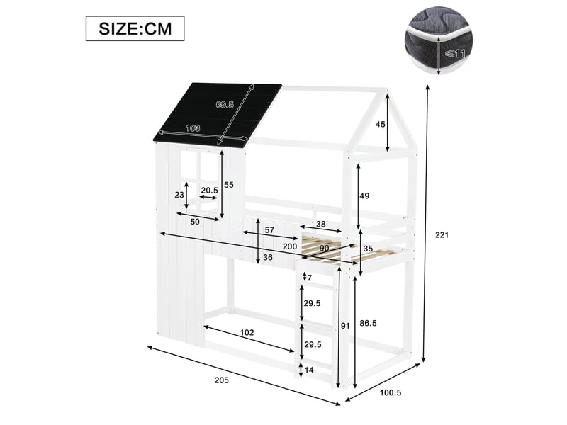 Lit mezzanine enfant 90 x 200 cm avec toit, escalier, pin et mdf, blanc et noir - Conforama C