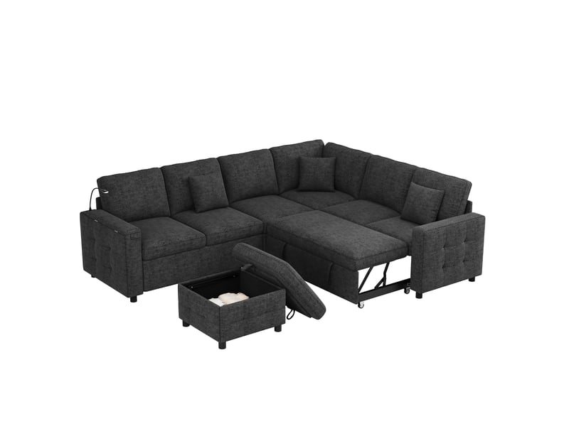  Canapé d’angle convertible en l 5 places 213x184 cm, pouf coffre, table rabattable, 2 porte-gobelets, lampe de lecture, usb et usb-c, effet lin gris Radiant Stride - Conforama A