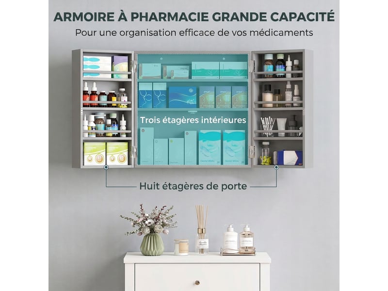 Armoire à pharmacie murale, armoire à médicaments avec double porte verrouillable 2 clés, 53x20x53cm, gris - Conforama D