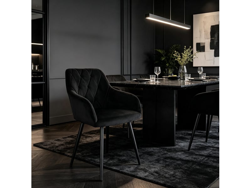  Chaise de salle à manger en velours noir avec accoudoirs, dossier matelassé et pieds en métal, design moderne à l'unité  - Conforama E