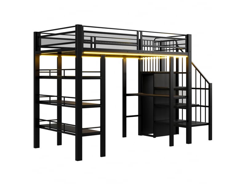 Lit mezzanine enfant 90x200 cm – noir – bureau, rangements, led et escalier réversible - sans matelas - Conforama D