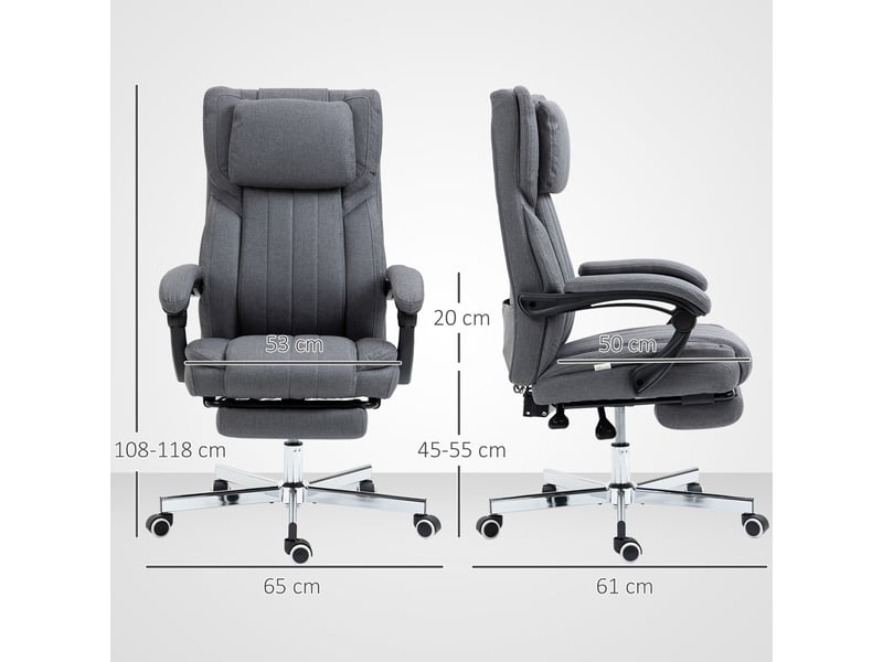  Fauteuil de bureau avec fonction massage, dossier inclinable, repose-pieds extensible, aspect lin, gris, 65 x 61 x 118 cm  - Conforama E