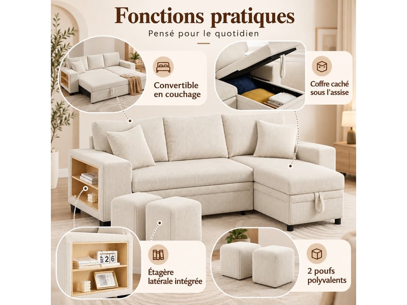 Canapé d'angle réversible convertible 3 places avec coffre, ports usb-c, étagères et 2 poufs, velours côtelé beige, 231 cm - Conforama D