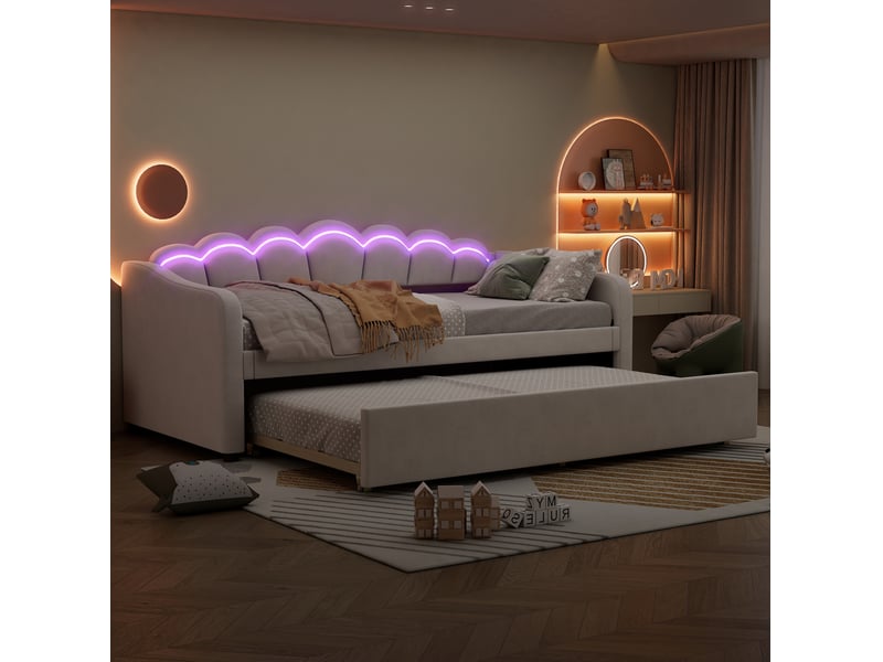  Lit gigogne 90x200cm, design ondulé, lit extensible, lumières avec éclairage led multicolores, velours, beige, sans matelas  - Conforama E
