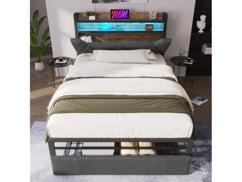  Modenvie lit 1 place avec rangement 90x200 cm - tête de lit avec usb-c et led, avec matelas - gris  - Conforama D