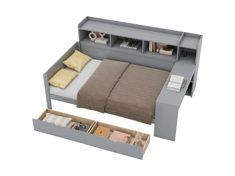  Lit banquette 90x200 gris avec bureau intégré, 2 tiroirs, port usb et prises - structure bois mdf  - Conforama A