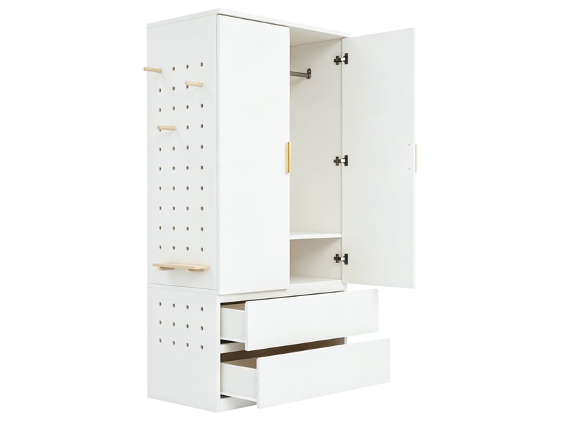  Armoire 70x50x170 cm multifonction avec 2 tiroirs et panneau perforé, blanc  - Conforama A