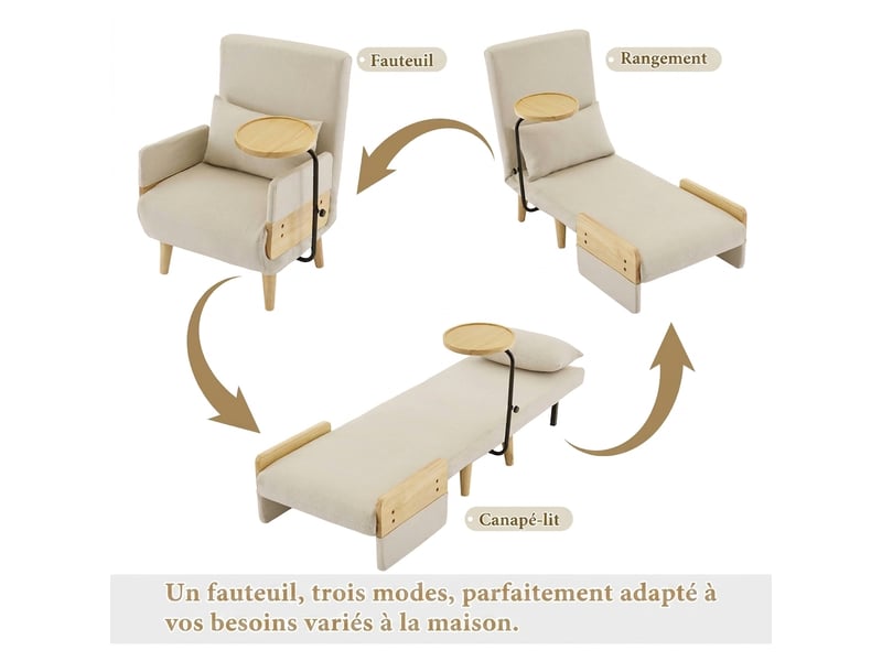  Fauteuil convertible 3 en 1, fauteuil lit 1 place avec tablette, beige  - Conforama C
