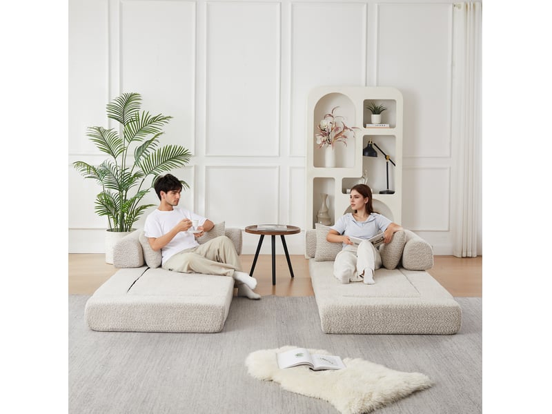  Canapé 2 places 4-en-1 en chenille beige avec 4 coussins  - Conforama R