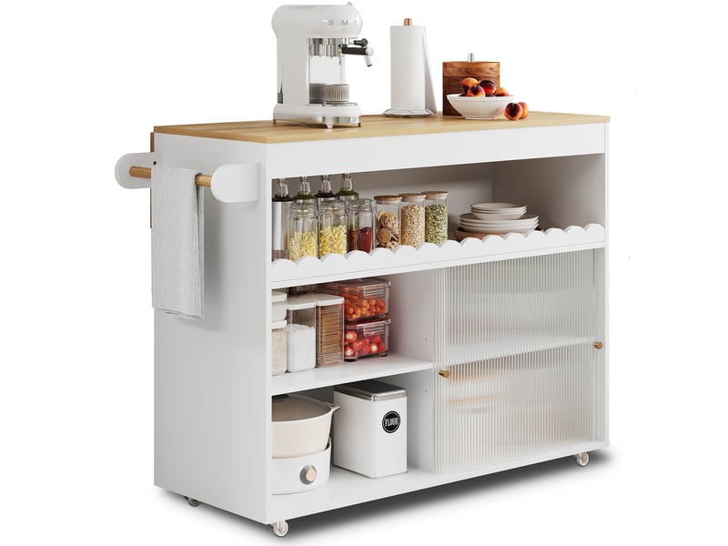 Desserte de cuisine 122 x 46 à 69 x 91 cm, blanc et naturel, mdf, plateau rabattable et portes coulissantes - Conforama A