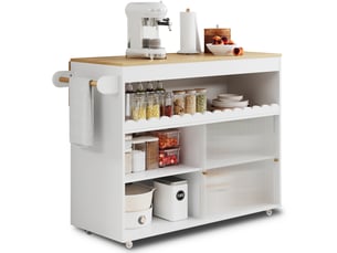 Desserte de cuisine 122 x 46 à 69 x 91 cm, blanc et naturel, mdf, plateau rabattable et portes coulissantes