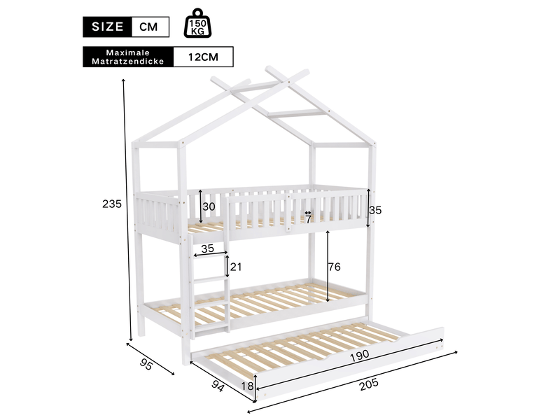  Lit cabane enfant 90x200 en bois massif avec lit gigogne 3 places - blanc  - Conforama C