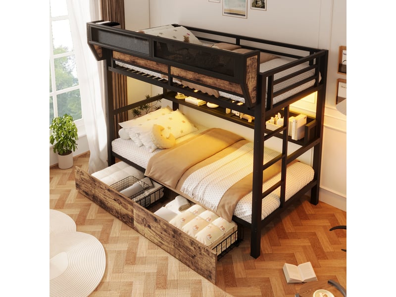 Lit superposé - 90x200 cm - tiroirs de rangement - rangements intégrés - éclairage led - structure métal - matelas non inclus - noir CozyNest - Conforama B