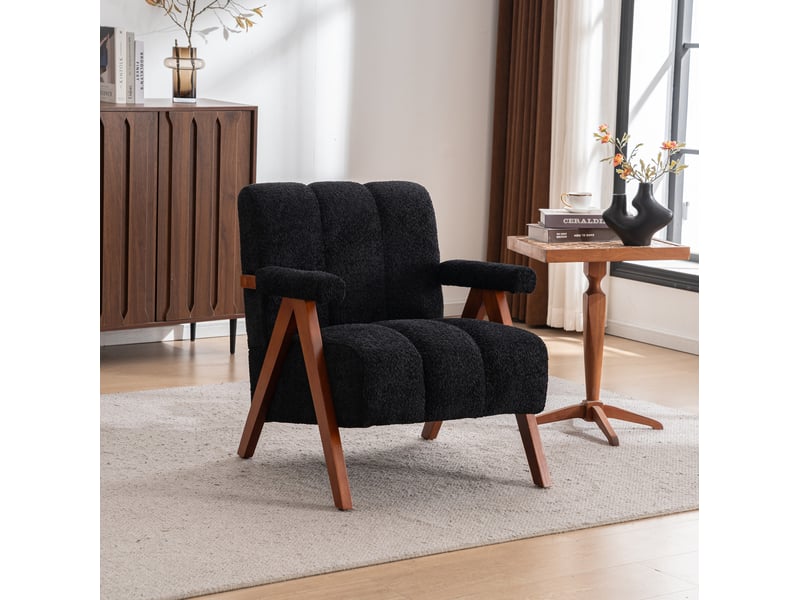  Fauteuil de salon 77x68,4x77 cm, accoudoirs courbés, structure en bois, design moderne, tissu chenille, couleur noir  - Conforama B