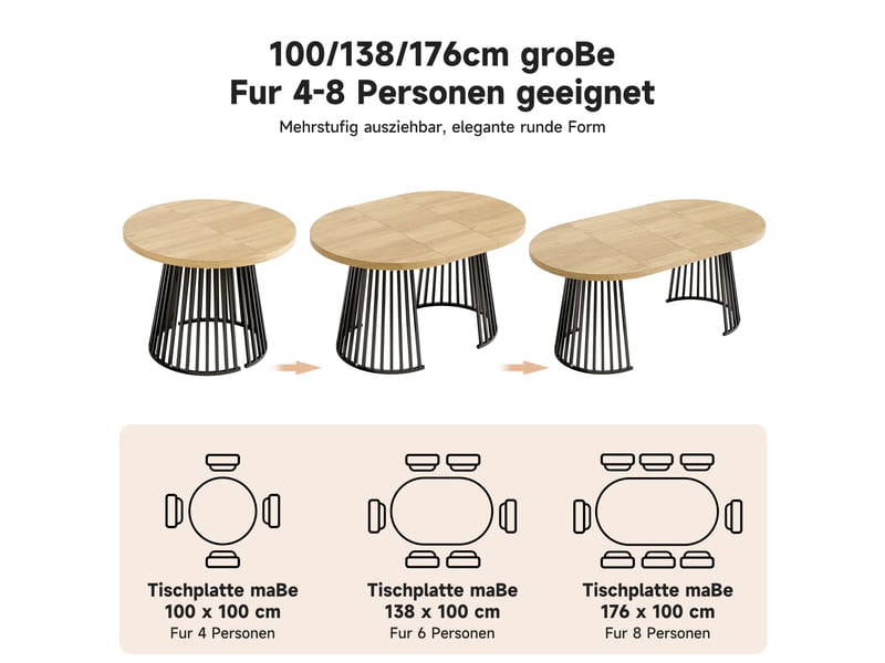 Table à manger extensible 4 à 8 personnes avec plateau épais - pieds métal, style minimaliste mdf chêne - Conforama C