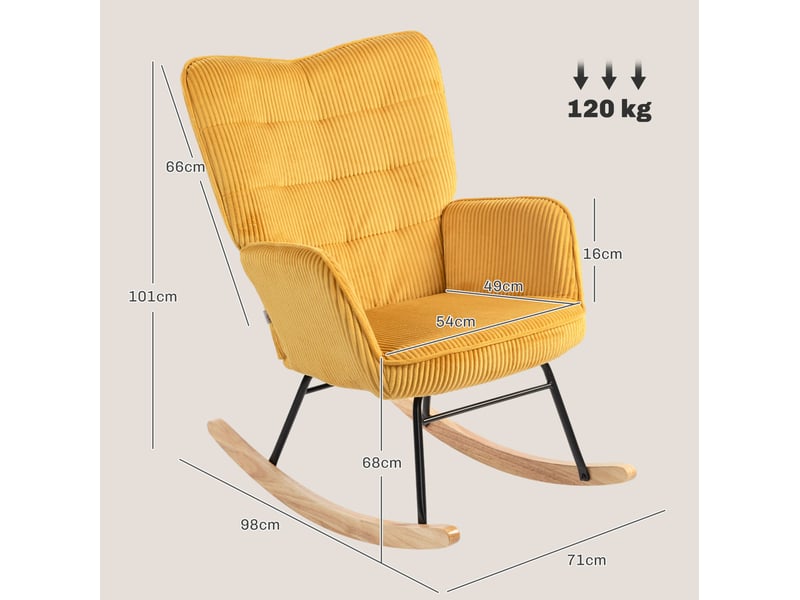 Fauteuil à bascule 71 x 98 x 101 cm jaune, revêtement côtelé, structure acier et base en bois de hêtre  - Conforama C