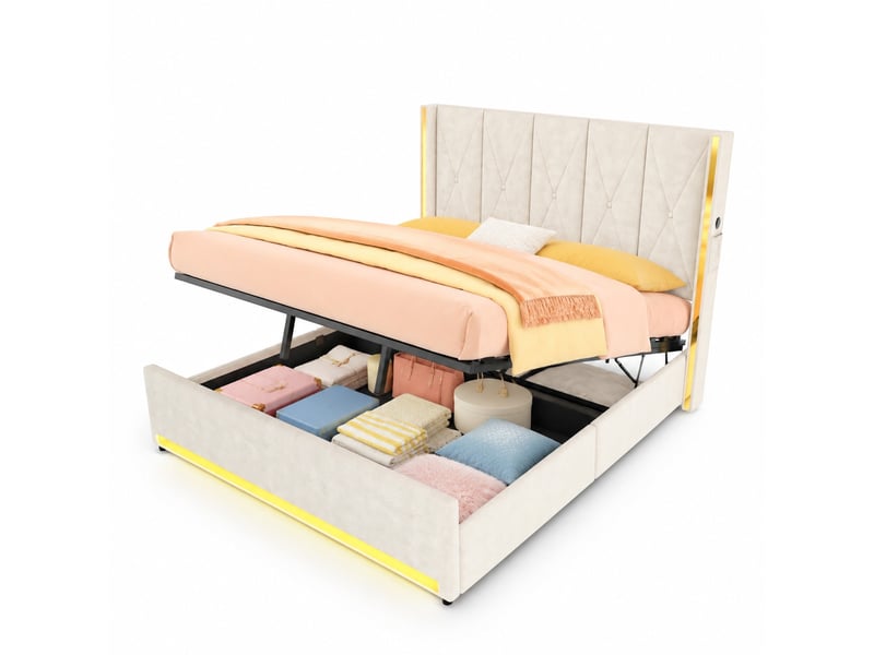 Lit coffre double 180×200 cm avec usb, type-c, led réglable et poches - okmyhome- velours beige, sans matelas - Conforama A