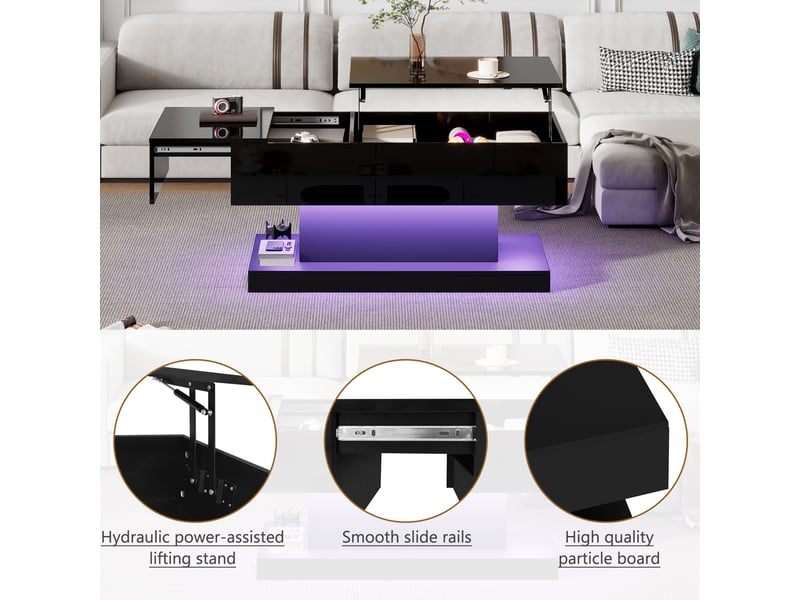  Table basse 100x50x45 cm rectangulaire, rangement caché, led, plateau relevable et coulissant, pour salon, pb, noir  - Conforama D
