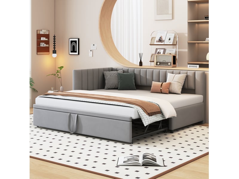  Lit enfant gigogne 90x200cm, gain de place, tête de lit confort, style moderne, velours gris clair, sans matelas  - Conforama W