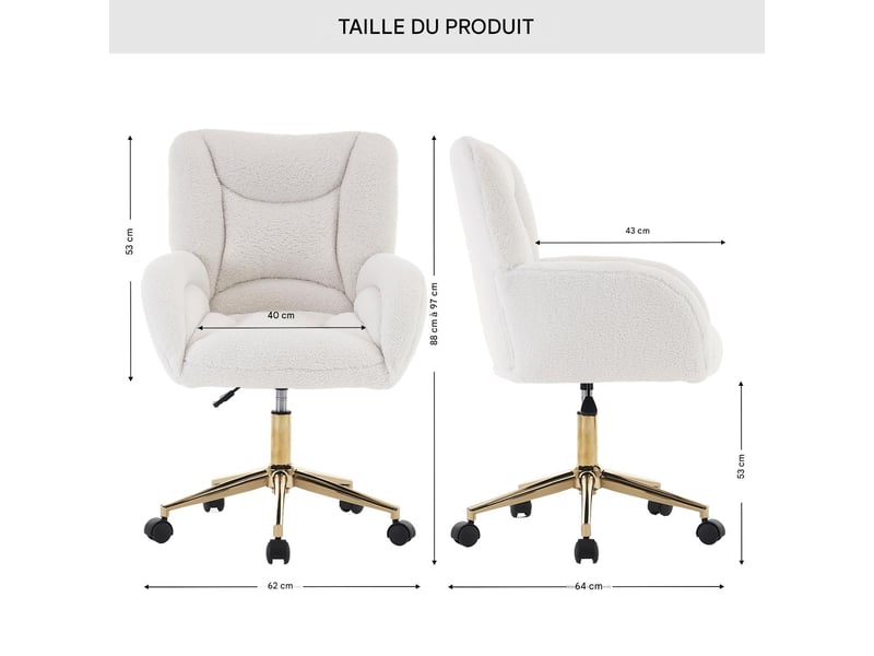  Chaise de bureau pivotante réglable tissu teddy blanc base dorée 64 x 62 x 92.5 cm W2087P371364 - Conforama C