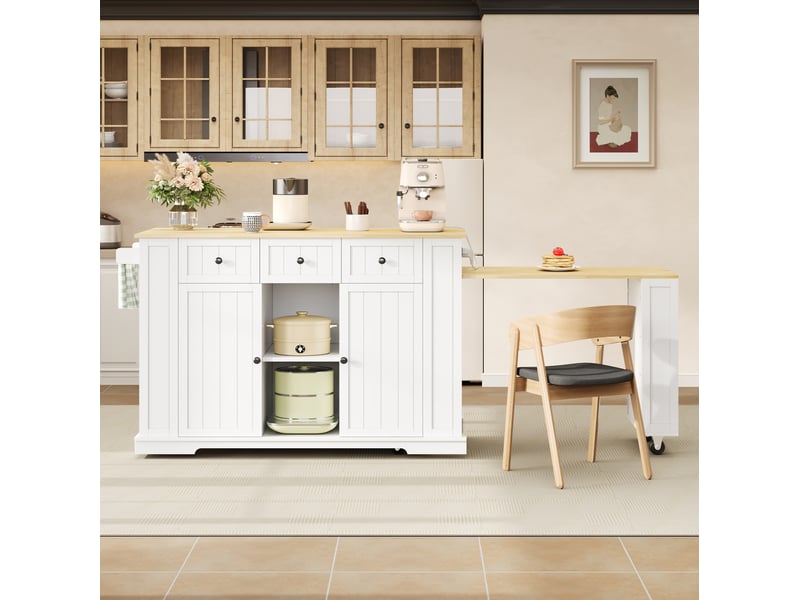  Îlot de cuisine mobile 138x55x93 cm avec table à manger escamotable, 5 roues, mdf, blanc et naturel  - Conforama D