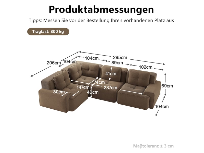  Canapé d’angle modulaire 4 places en velours côtelé marron - 295 x 206 x 69 cm  - Conforama E
