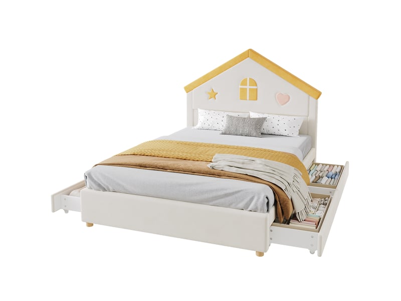 Lit 140x200 cm casa polsterbett en beige, lit enfant avec 4 tiroirs, velours français, avec tête de lit en forme de maison, sans matelas - Conforama A