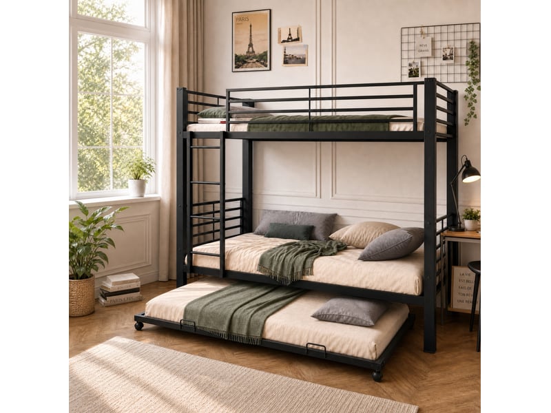  Lit superposé enfant 90x200 cm noir en métal avec lit gigogne 90x190 cm, échelle et garde-corps, sans matelas  - Conforama E