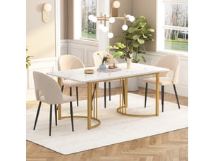 Ensemble 5 pièces, table plateau mdf effet marbre, pieds métal réglables dorés, meuble salon, 4 chaises velours, beige