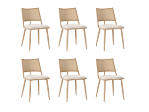 Lot de 6 chaises de salle à manger légères à dossier ajouré  - assise rembourrée en pu et rotin - beige