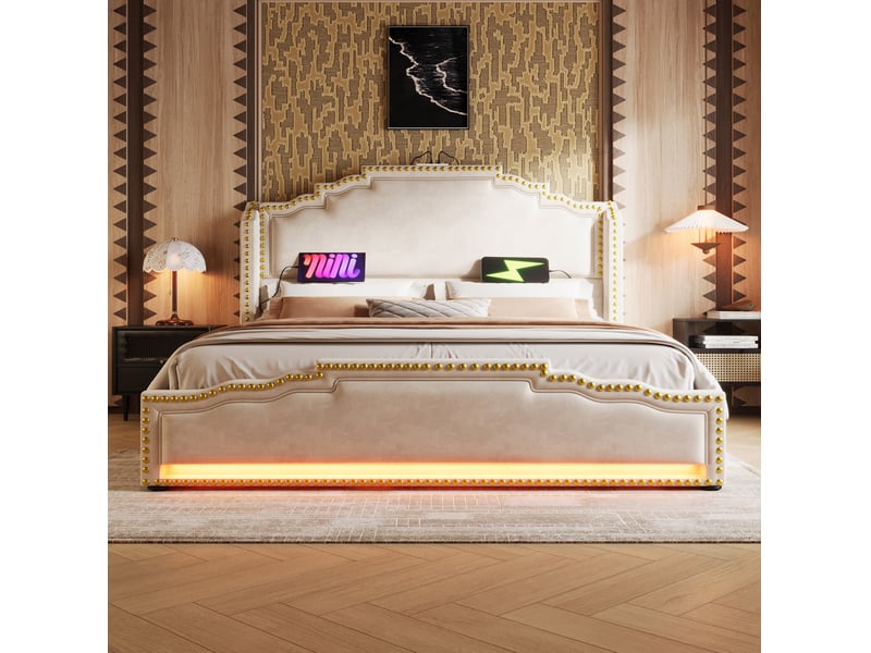  Modenvie lit double avec rangement 140x200 cm - 4 tiroirs, led et ports usb-c, matelas inclus - beige  - Conforama E