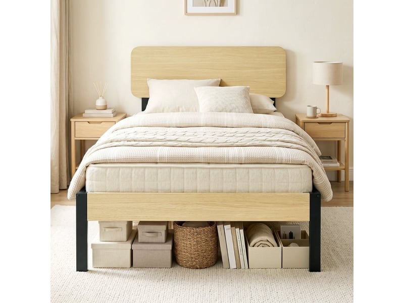  Lit cadre 90x200 cm avec tête de lit, sommier à lattes, espace sous lit de 31,5 cm, métal et bois naturel, sans matelas  - Conforama D