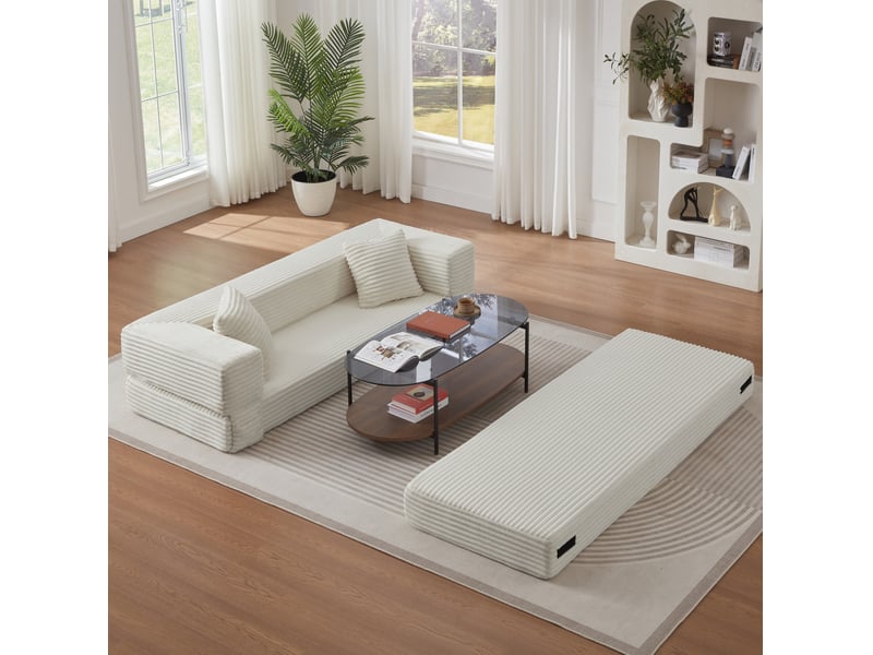  Canapé convertible 3 places 200x76x60 cm design carré velours côtelé blanc design moderne, confortable, pour salon desi  - Conforama E