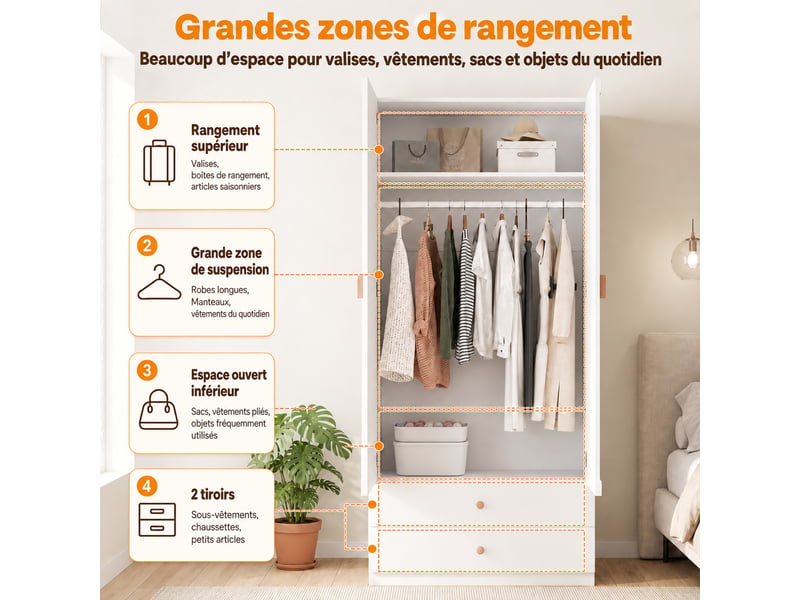  Armoire de chambre 90 x 45 x 200 cm avec 2 portes battantes, 2 tiroirs, tringle et poignées bois massif, blanc  - Conforama E