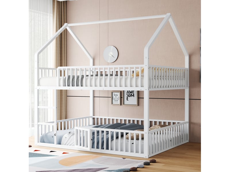  Lit superposé 140x200 cm en métal avec cadre maison et porte, blanc  - Conforama D