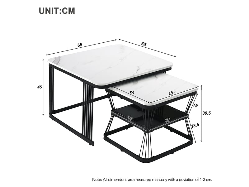  Lot de 2 tables basses gigognes 65x65 cm et 45x45 cm en mdf effet marbre blanc brillant avec pieds en acier noir mat  - Conforama C
