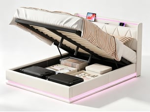 Lit coffre 140x200 cm avec tête de lit - leds - coloris blanc - sommier à lattes et espace de rangement
