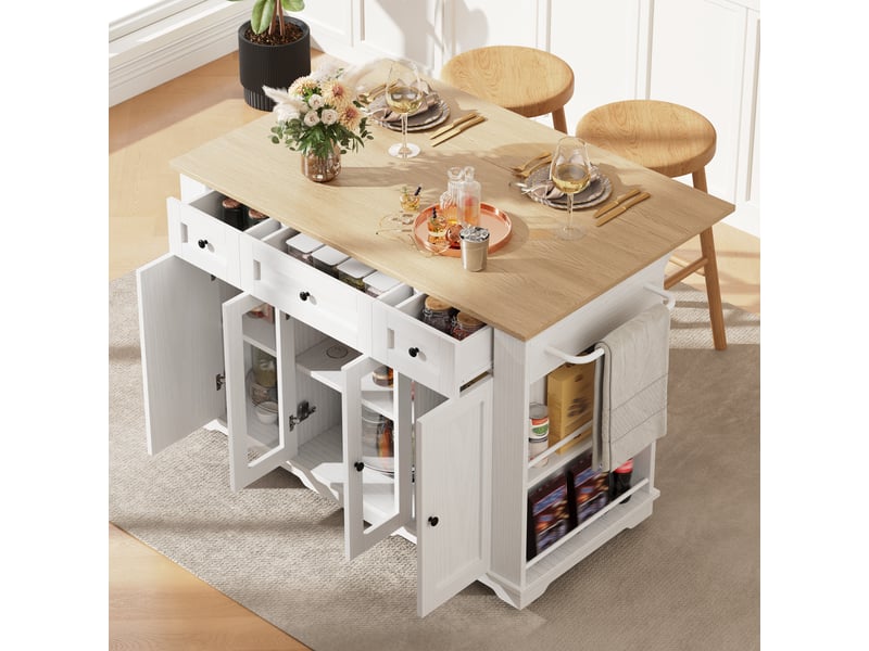  Îlot de cuisine blanc et bois avec plan de travail rabattable, desserte à roulettes avec portes en verre trempé, 151,5 cm  - Conforama B