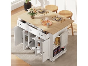 Îlot de cuisine blanc et bois avec plan de travail rabattable, desserte à roulettes avec portes en verre trempé, 151,5 cm