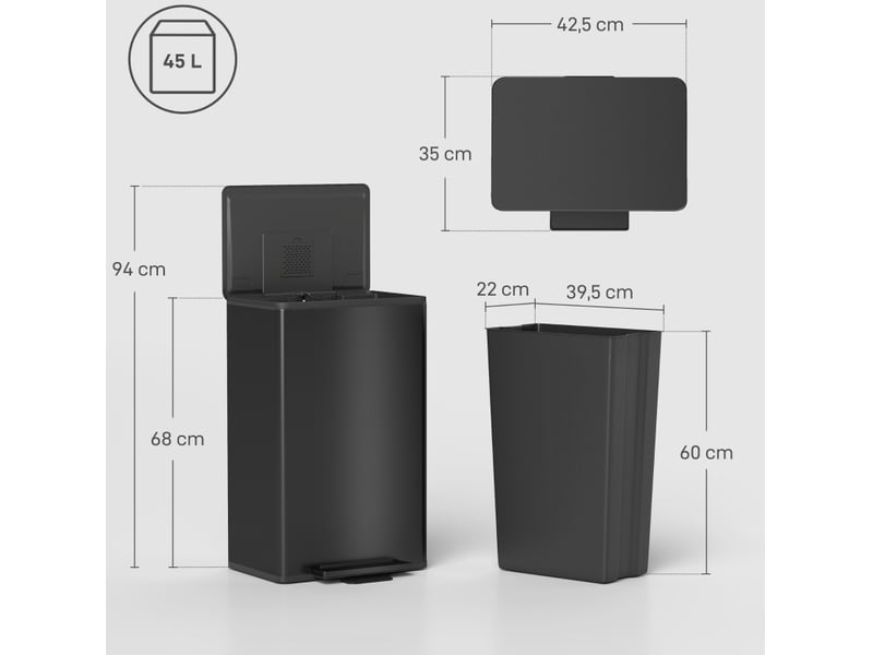  Poubelle de cuisine 45 litres - seau à déchets avec pédale, couvercle à fermeture douce, bac intérieur amovible et acier inoxydable brossé noir  - Conforama C