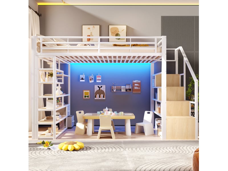 Lit mezzanine enfant 140x200 avec rangements et led blanc evryae - Conforama D