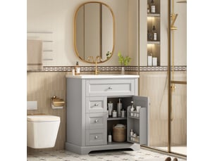 Meuble vasque 76x46x87 cm gris en mdf et céramique, 1 porte, 3 tiroirs, rangement salle de bain