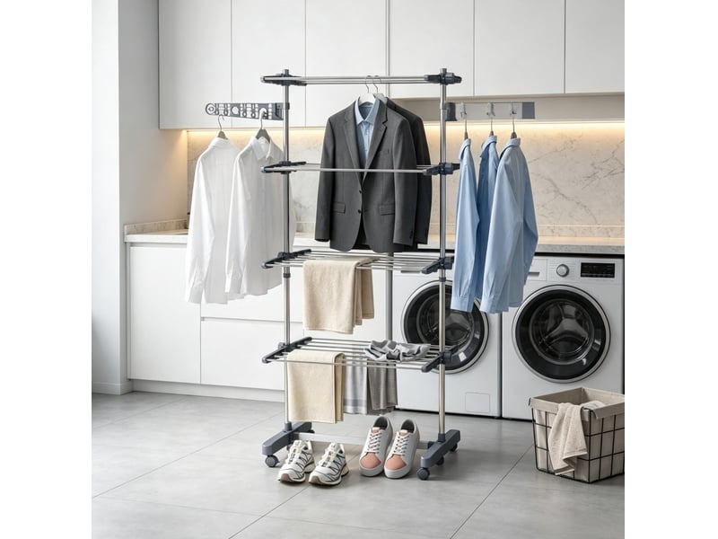  Étendoir à linge pliable 142 x 55 x 172 cm – gris – 4 niveaux réglables et roulettes verrouillables  - Conforama D