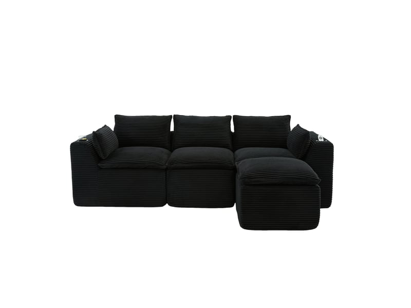 Canapé modulable 3 places modenvie avec pouf, coussins, porte-gobelets et 2 poches latérales, velours côtelé noir - Conforama A