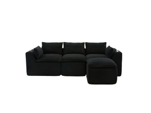 Canapé modulable 3 places modenvie avec pouf, coussins, porte-gobelets et 2 poches latérales, velours côtelé noir