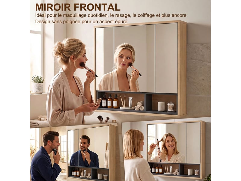 Meuble salle de bain avec miroir, armoire toilettes murale avec placards à 3 portes et 8 compartiments, chêne - Conforama E