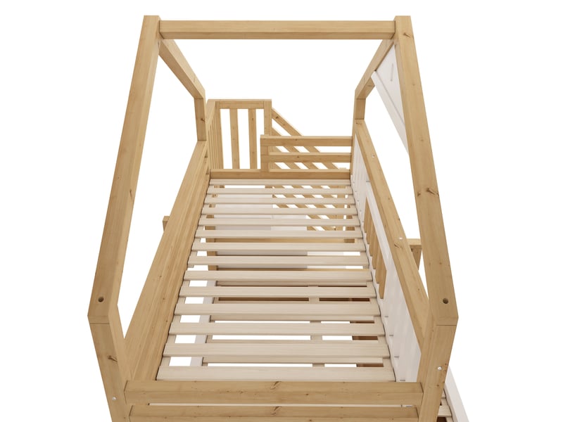  Lit superposé cabane 90x200 et 140x200 cm blanc et chêne avec escalier Fay Lum - Conforama R