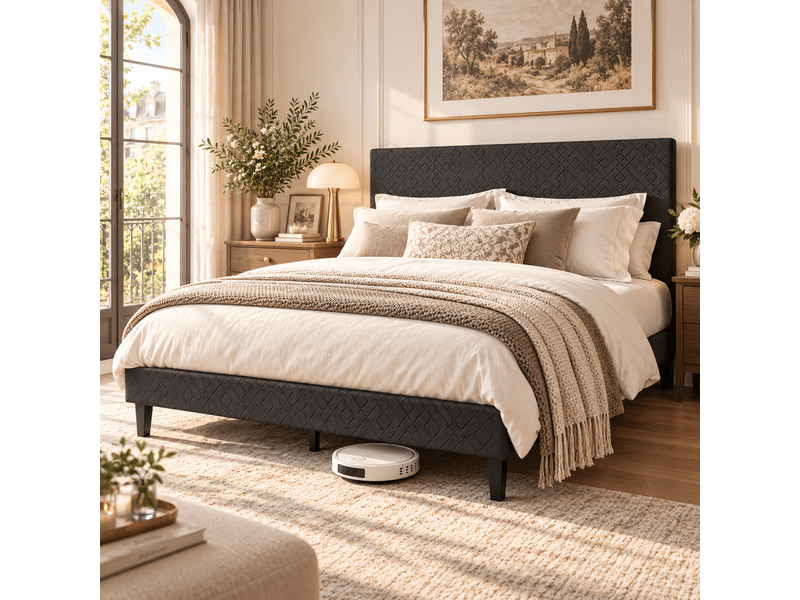Cadre de lit double 160x200 cm avec sommier à lattes en bois, lit rembourré avec tête de lit capitonné, 2 personnes2 places, rangement sous le lit, pour adultes et adolescents, facile à assembler, chambre, structure de lit queen… - Conforama B