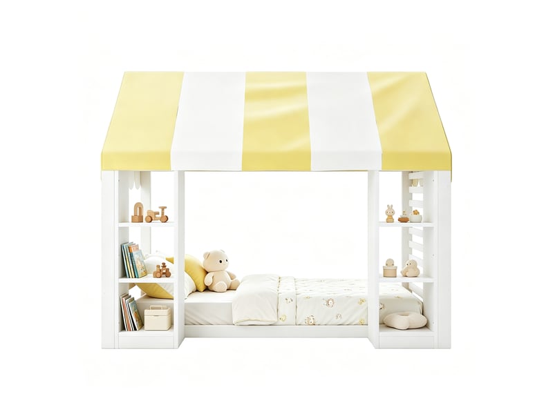  Lit enfant 90x200 avec rangement, lit à baldaquin blanc en bois, style maison de campagne pour filles et garçons  - Conforama A